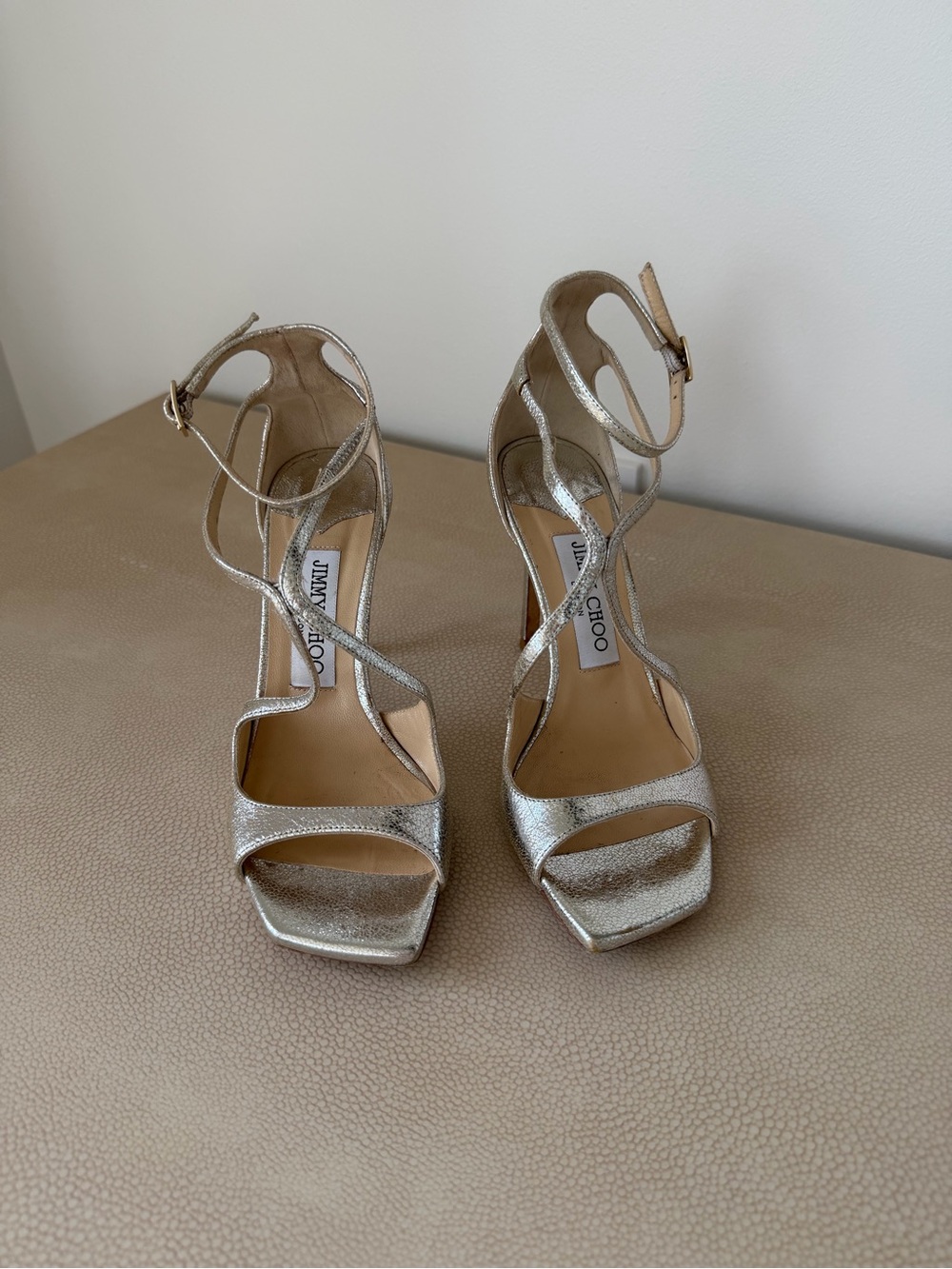 Jimmy Choo Silver Metallic Strappy Ankle‑Wrap Heels